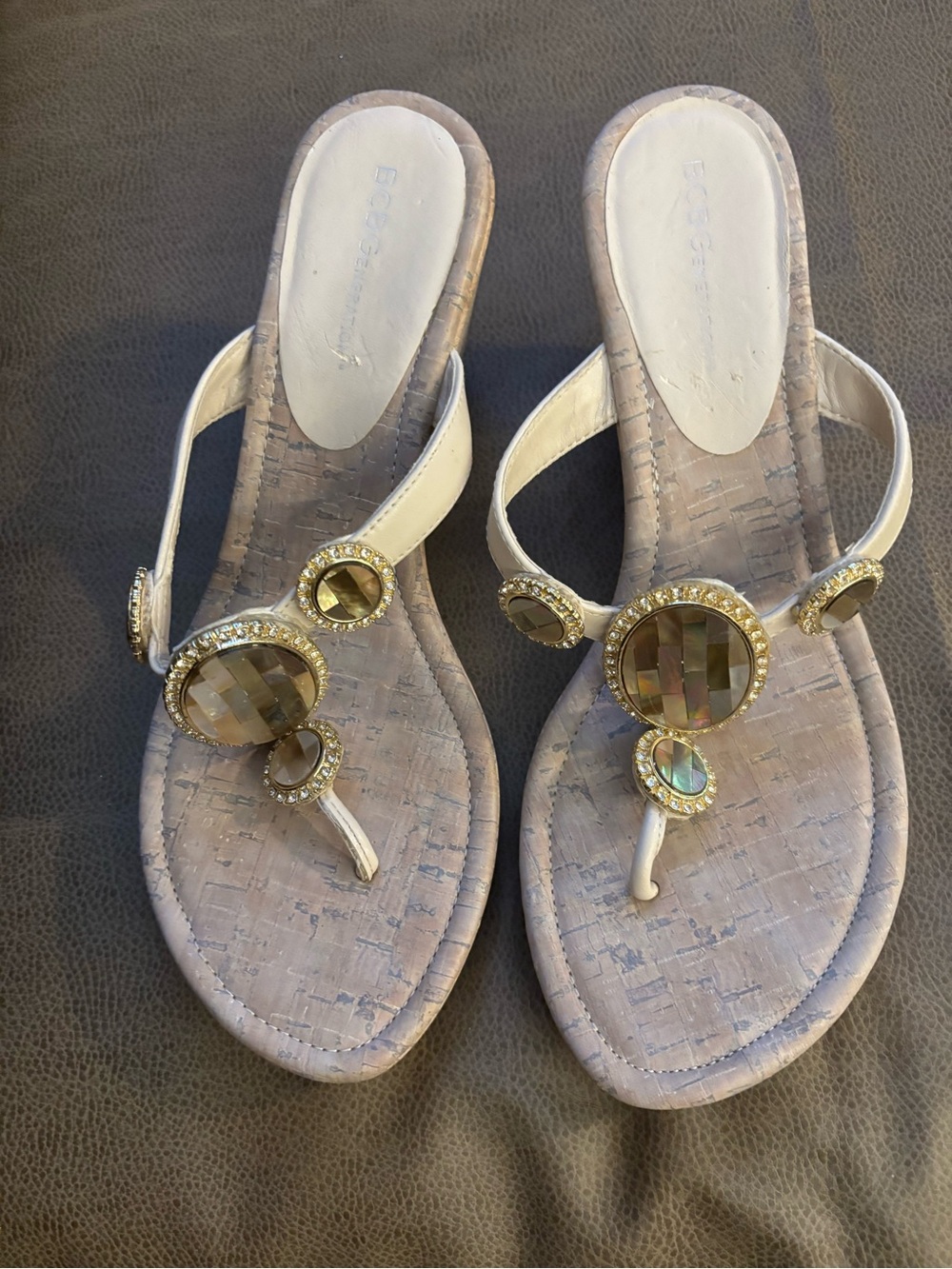 BCBGeneration Ivory Thong Sandals with Gold-Tone Gem Accents